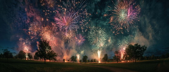 Spectacular fireworks display celebrating independence day city park nighttime outdoor wide-angle view
