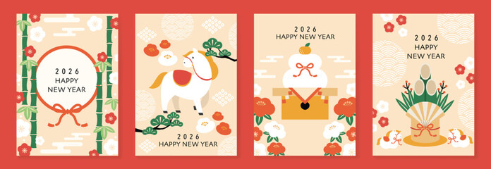 Fototapeta na wymiar Happy New Year 2026 greeting card vector illustration with Japanese pattern background and Year of the Horse design in red, green, and gold. Minimal festive template for invitations and poster.