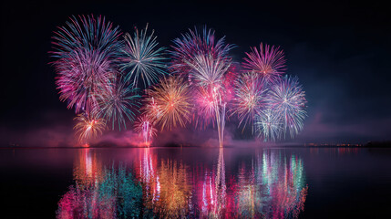 Spectacular fireworks display over a tranquil lake at night colorful reflections celebratory atmosphere aerial view