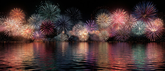 Spectacular fireworks display over calm waters nighttime celebration vibrant colors and reflections