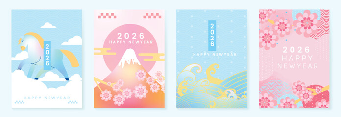 Fototapeta premium Happy New Year 2026 greeting card vector set with Japanese pattern backgrounds, Mount Fuji, red sun, pine and plum blossoms, and Year of the Horse design.