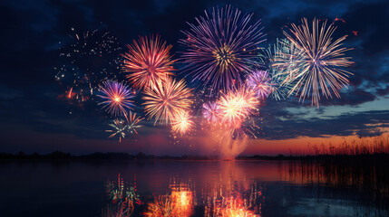 Celebratory fireworks display over tranquil lake at dusk vibrant colors scenic view festive atmosphere