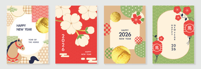 Fototapeta premium Happy New Year 2026 greeting card vector illustration with Japanese pattern background and Year of the Horse design in red, green, and gold. Minimal festive template for invitations and poster.