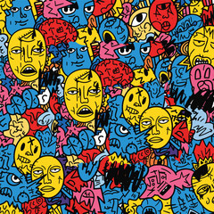 Obraz premium Seamless pattern with colorful abstract doodle faces. Graffiti style urban art vector texture.