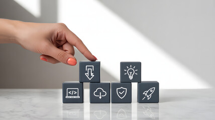 Female hand with orange nails points to dark gray blocks with tech and business icons on a reflective surface in bright light for strategic digital pr