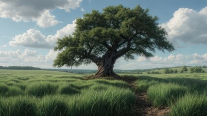 Fototapeta premium Lush landscape with ancient tree