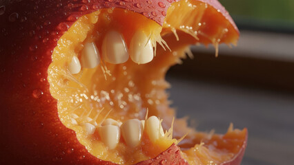 A bitten red apple with visible seeds and pulp on a wooden surface viewed from a close-up perspective