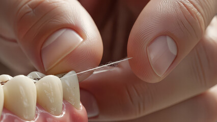 Close-up of hands cleaning between dental model teeth with dental floss