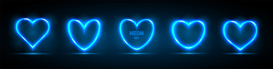 A set of neon heart-shaped frames. Abstract background with space for text. Glowing hearts for holiday cards, banners, invitations. Vector illustration.