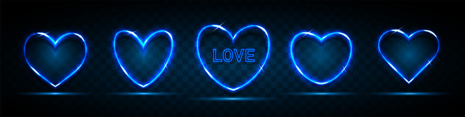 A set of five blue neon heart-shaped neon frames with a place for text on a dark background. Glowing hearts for holiday cards, banners, invitations. Vector EPS 10.