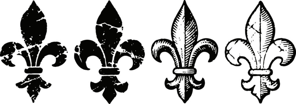 Grunge and vintage fleur de lis icons distressed decorative heraldic lily symbols collection