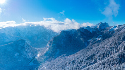 Chiemgau alps at Unterberg Alm, Ruhpolding covered in fresh powder snow