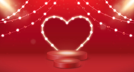 Background with realistic catwalk elements, heart, garlands, and lighting effects. Red background for Valentine's day. Vector EPS 10.