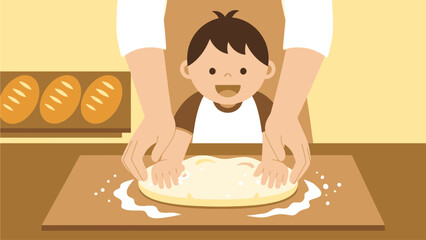 This flat design illustration beautifully portrays a child learning the art of baking bread with a parent, symbolizing skill-building, family tradition, and wholesome food. 