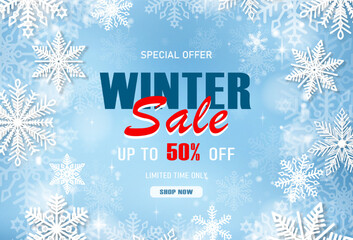 Christmas sale, a banner with white snowflakes and a text about the sale. Winter illustration for advertising and printing. Vector EPS 10.