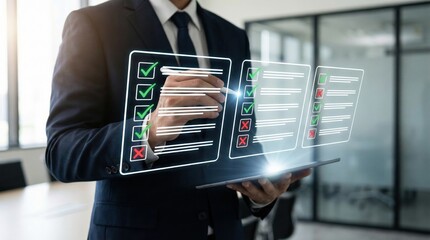 Businessman interacting with digital checklist interface,holographic task list with check marks and cross marks,concept of evaluation,management and productivity
