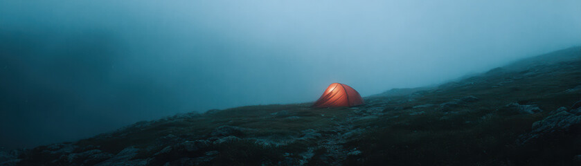 Camping adventure in misty mountains tent setup nature photography tranquil environment wide angle view outdoor experience