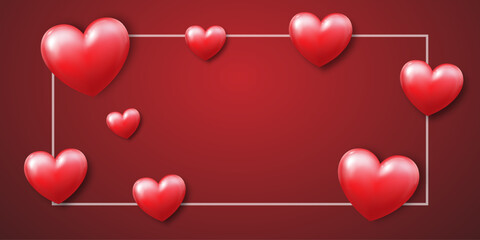 A banner with hearts and a white frame on a red background. A design template for Valentine's day, for a wedding. Vector EPS 10.