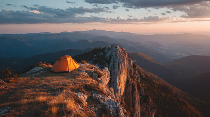Camping adventure at sunset overlooking majestic mountains outdoor photography tranquil atmosphere scenic view