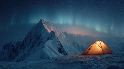 Winter camping adventure under the northern lights mountain landscape outdoor photography nighttime serenity