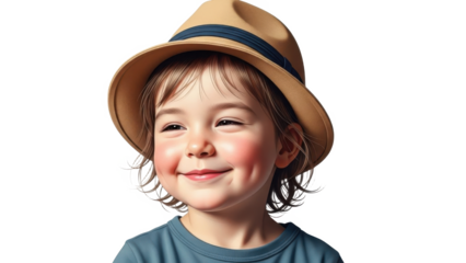 A young boy wearing a tan hat with a blue stripe on transparent background