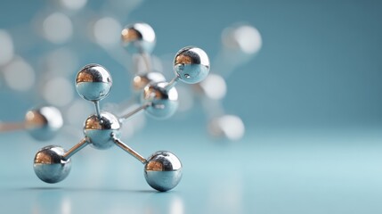 Atom molecular structure model composed of shiny chrome spheres connected by silver rods, depicting a scientific concept of chemistry, biotech, and engineering on a blue background