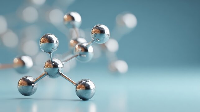 Atom molecular structure model composed of shiny chrome spheres connected by silver rods, depicting a scientific concept of chemistry, biotech, and engineering on a blue background - Powered by Adobe