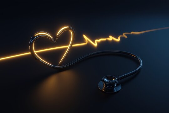 Glowing golden heart rhythm line connected to a stethoscope