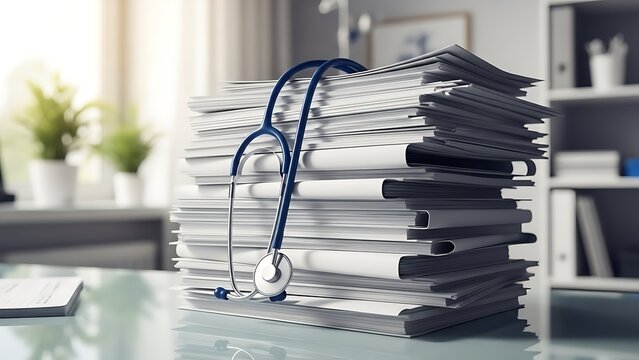 Medical Records Documentation with Stethoscope on Office Desk, Healthcare Administration Concept