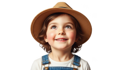 A young boy wearing a straw hat and overalls smiles cheerfully on transparent background