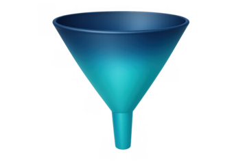 Blue 3d funnel icon representing marketing and sales processes, filtering leads, and achieving business conversion goals