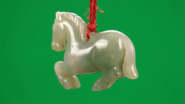 A traditional chinese white jade horse pendant hangs from a red string, isolated against a bright green screen.