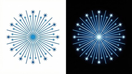 Firework radial burst symbol on white and black background,Graphic element for celebration,festive design,holiday icon or abstract light burst pattern