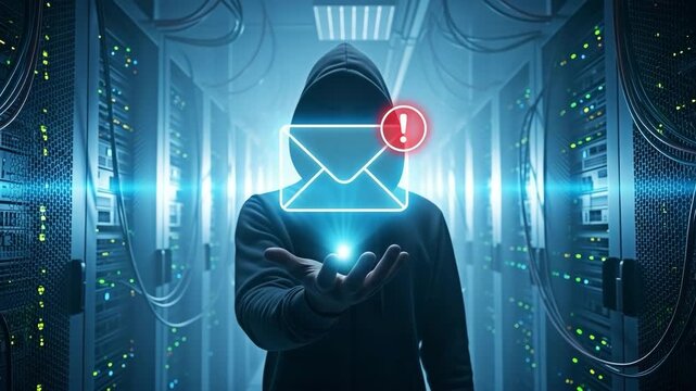 A person wearing a hoodie with an email icon that represents the concept of cybersecurity and warning about online hacking.