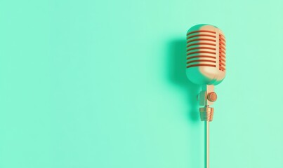 Vintage microphone against a light blue background with copy space