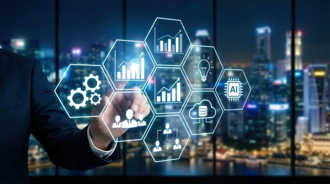 Businessman using futuristic touchscreen interface with AI icons and analytics graphs,Digital transformation,technology innovation and enterprise data analysis concept - Powered by Adobe