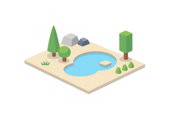 Isometric low poly park or garden presenting a natural landscape scene with pond, trees, rocks, and grass on transparent background