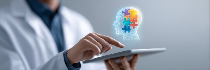 Doctor in a white coat interacting with a digital tablet, displaying a holographic human head silhouette filled with colorful puzzle pieces, representing mental health concepts and neurology