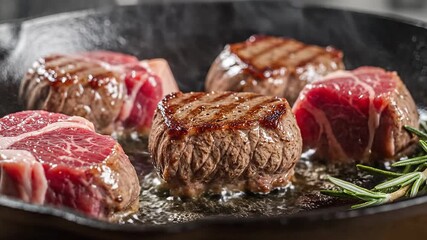 Sizzling prime cuts of beef filet mignon searing in a hot cast iron pan with aromatic herbs creating a delicious and mouthwatering culinary experience for a gourmet meal preparation at home or in a p.