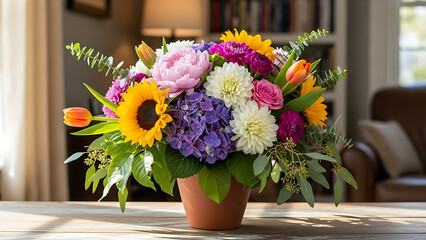 A vibrant bouquet of colorful flowers in a terracotta pot on a wooden table