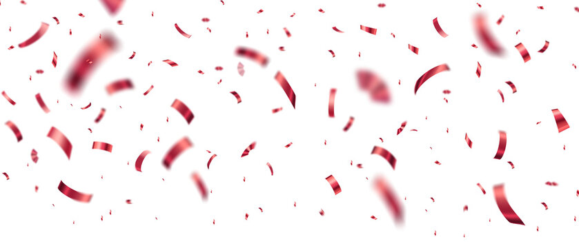 Shiny red confetti falling on transparent background, for party, celebration, New Year, wedding, or Valentine&rsquo;s Day themes with realistic festive ribbon effect.