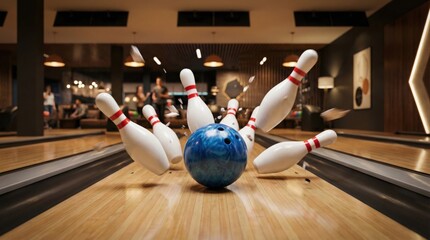 Blue bowling ball striking white pins with motion blur and wood flooring,perfect for sports,recreation,leisure activity,and competitive fun themes