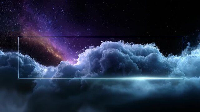 A surreal scene of fluffy clouds illuminated by a radiant nebula, set against a star filled night sky. This cosmic landscape evokes wonder, imagination, and a sense of limitless possibilities