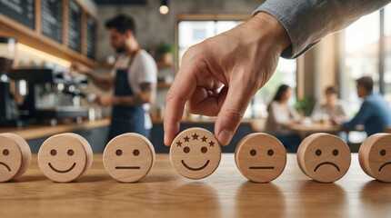 Hand choosing five star smiley face among customer satisfaction emoticons on wooden table in cozy cafe environment