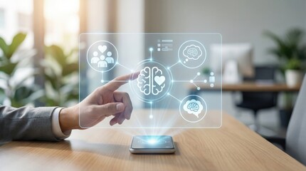 Hand interacting with emotional intelligence hologram interface showing heart and brain connection in mental health concept