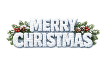 Merry christmas text with snow, pine branches, holly berries, and pine cones, celebrating winter holidays, on transparent background
