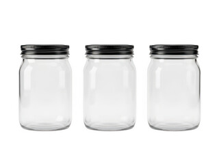 Three empty glass jars with black lids isolated on transparent background