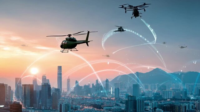 Medium shot capturing a busy urban skyline with diverse drones navigating alongside helicopters illustrating hybrid air traffic management in controlled airspace.