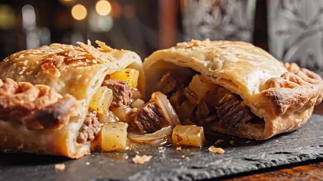 Halved Cornish pasty with beef and potato filling on slate board. Warm cinematic lighting, pub background. Street food concept.