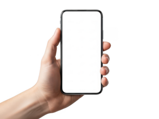 Hand holding blank smartphone isolated on transparent background